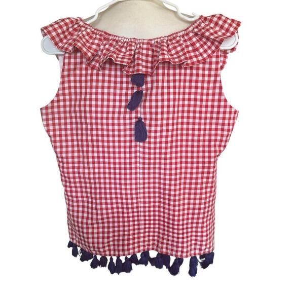 Elizabeth Wilson Top Red Gingham Tassel Detail Ruffle Thick Knit Sleeveless S - Picture 5 of 8